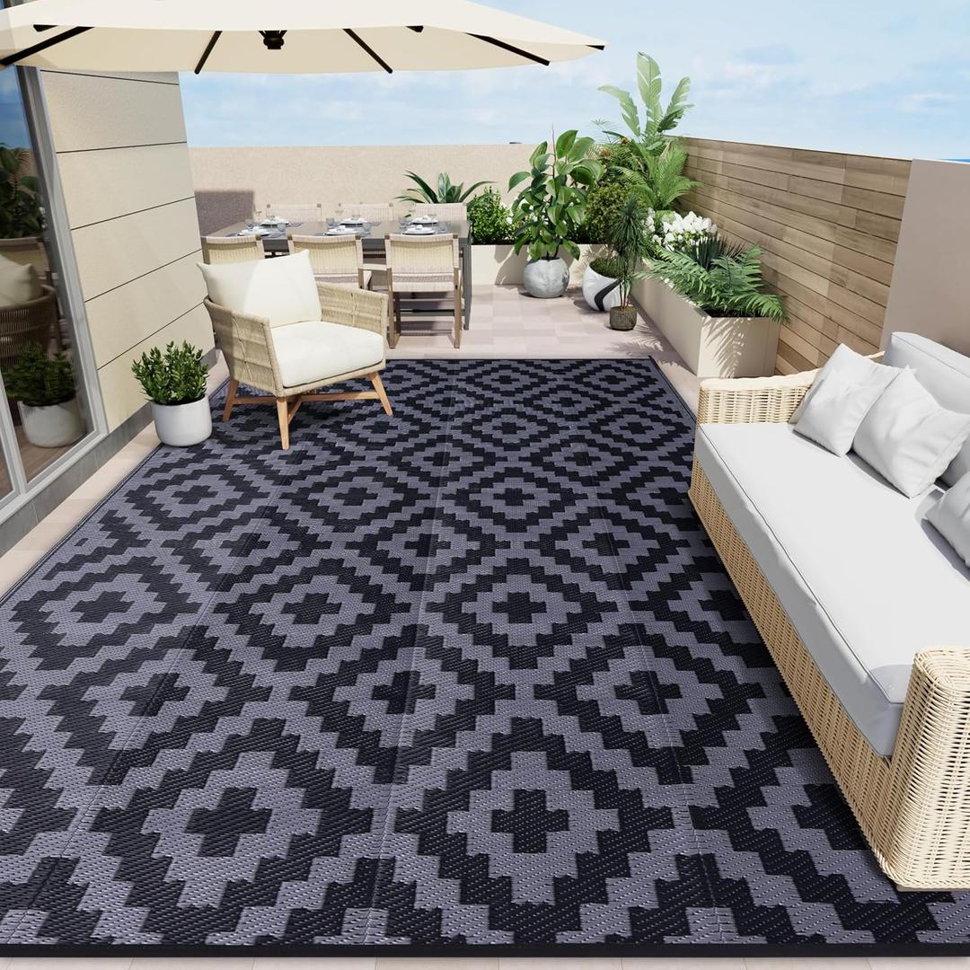 OLANLY Waterproof Outdoor Rug 9x12 ft, Outdoor Plastic Straw Rug for Camping, RV Mat Outside, Indoor Outdoor Carpet for Porch, Deck, Backyard, Balcony, Picnic, Black & Grey