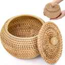 WRINGKIT Small Rattan Basket Box with Lid, Round Handmade Woven Storage Basket, Multi-purpose Wicker Bowl Decorative Organizer for Shelf, Home, Bathroom Decor