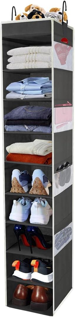 Large-Sized Hanging Shoe Organizer 10-Shelf, Sturdy Hanging Closet Organizer with 8 Side Pockets, Wider Hanging Shelves for Storage Shoes Clothes Jeans Shirts Toys, Black, 1 pack