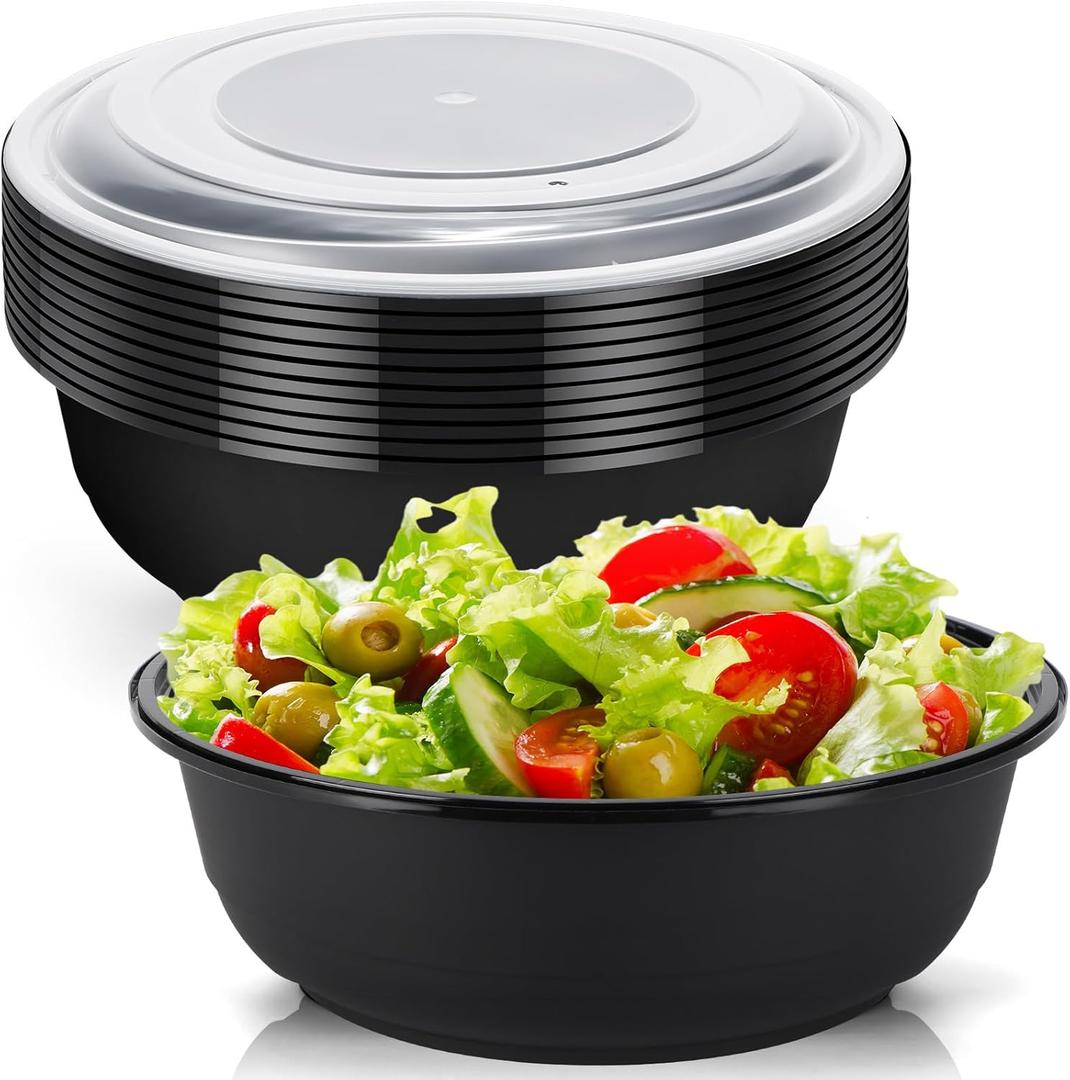 Newtay 10 Pack 162 oz Large Plastic Serving Bowls with Lids Round Extra Large Disposable Salad Bowls Containers Chip Candy Dish for Salads and Snacks Party Picnic Buffet Eating (Black)