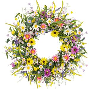 Yawwind 24 Inches Summer Wreaths for Front Door Spring Flower Wreaths Summer Door Wreath Colorful Wildflower Wreath with Daisy Lavender for Window Indoors Outdoor Decor