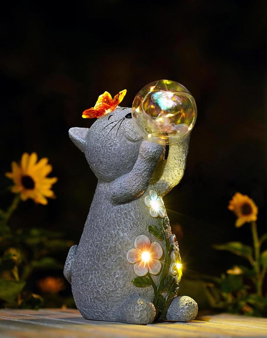 Goodeco Solar Cat Garden Statue - Outdoor Cat Decor with Solar Butterfly & Succulent Flowers LED Lights for Garden Enthusiasts - Ideal Gifts for Mom & Birthdays (Gray)