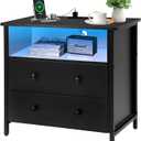 27 Inch Wide Night Stand, Large Wood Night Stand with 2 Drawer, LED Nightstand with Charging Station and Adjustable Drawer, Bedside Table for Living Room/Bedroom/Study/Office, Black.