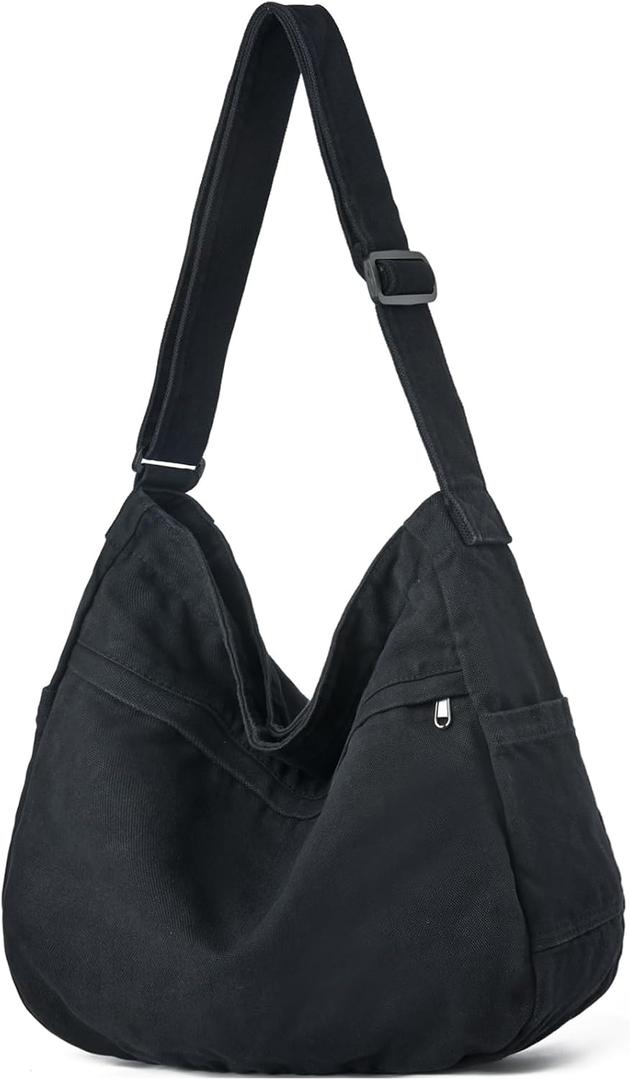 Canvas Hobo Crossbody Shoulder Tote Bag for Women and Men Large Purse Messenger Bag Travel Work Shopping (0-black)