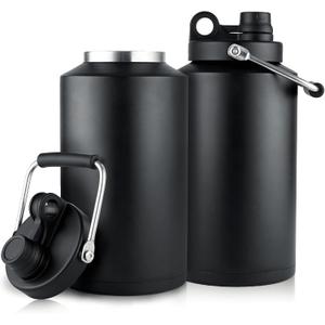 1 Gallon Water Bottle Insulated Stainless Steel Keeps Ice 48Hr, Large Water Gallon Jug Wide Mouth Leakproof Vacuum for Gym, Camping, & Construction Black (2 Packs)