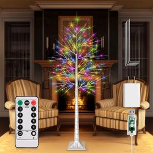 6FT Lighted Birch Tree, Birch Tree with 130 LED Lights, 8 Flash Modes and Timer, Light Up Twig Christmas Tree for Indoor Outdoor Home Party Garden Wedding Decorations (Warm White & Multicolor)