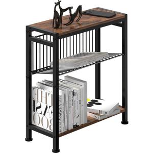 Side Table for Small Spaces, Narrow End Table with Magazine Holder, 2 in 1 Design Slim Side Table, Skinny Nightstand for Living Room Bedroom, Thin Side Magazine Table, Rustic Brown