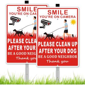 (2 Pack) Clean Up After Your Dog Signs, Please Pick Up After Your Dog Sign for Yard, No Pooping Dogs Signage for Yards, 8x28 Heavy Duty Aluminum Weather Resistant and Easy to Install with Stake (Red)