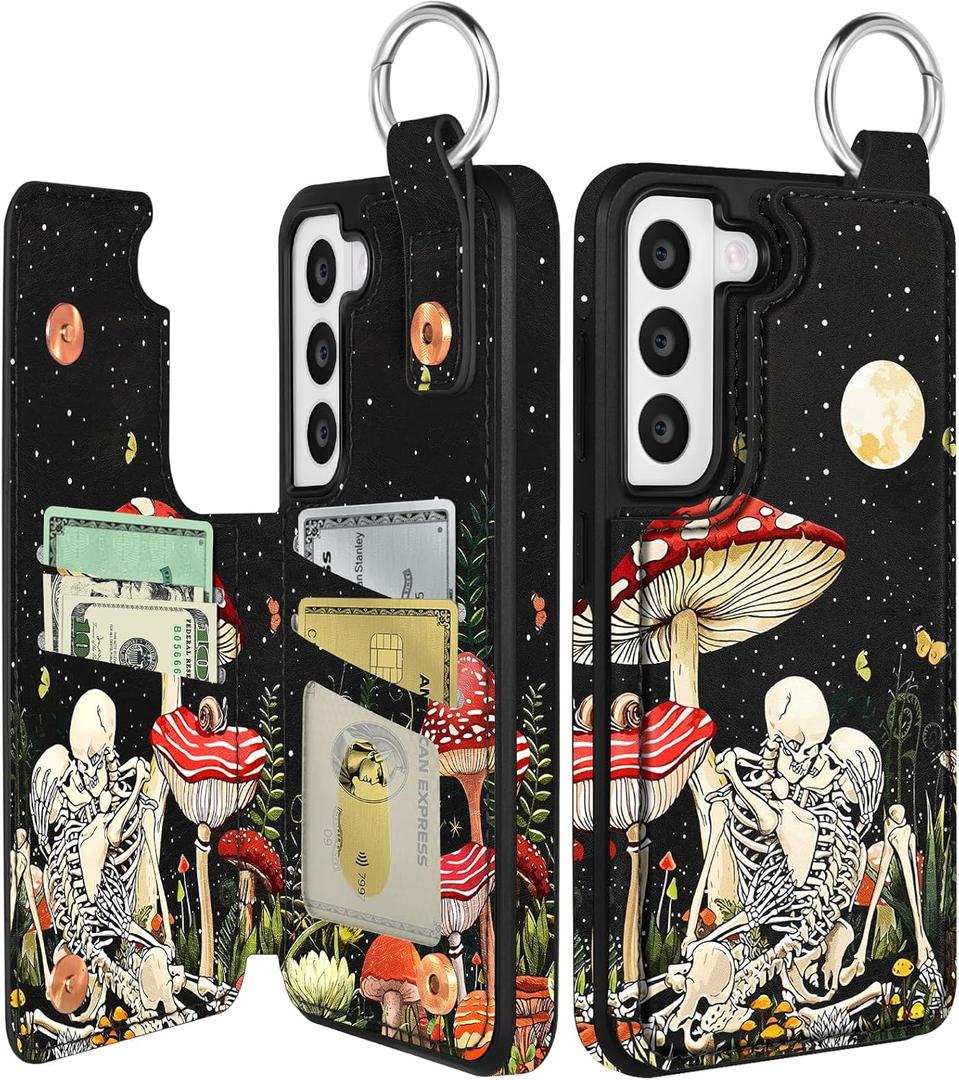 Shorogyt for Samsung S22 Plus Wallet Case with Card Holder - Designer Mushroom Skull Pattern Kickstand Magnetic Clasp Back Flip Folio Leather Phone Cases for Women Men Girls for Galaxy S22 Plus