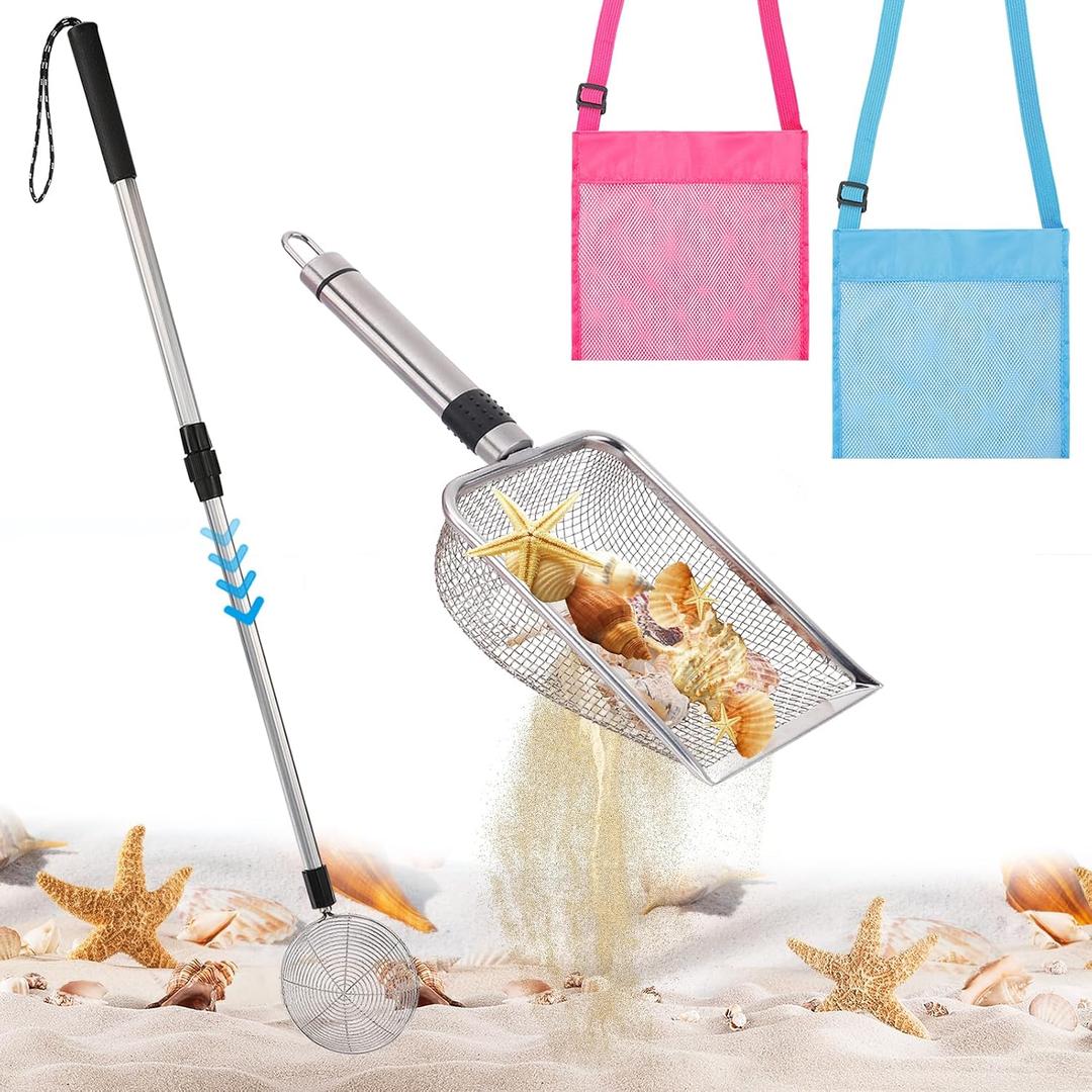 Biggun 2 Pack Shark Tooth Sifter with Seashell Bags, 21.8in~34in Adjustable Sand Sifter & Beach Shovel, Beach Sand Toys for Kids Adults Picking Up Shells Girls Boys Gifts, 33.9in