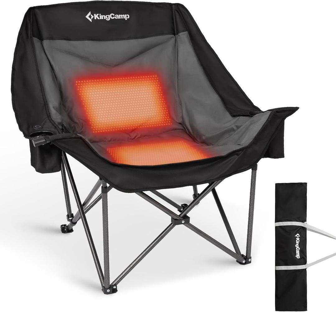 KingCamp Oversized XL Camping Chair, Heavy Duty 500lbs Folding Couch for Adults, Padded Large Comfortable Sofa Seat with Cooler Bag Cup Holder for Outdoor Sports Fishing Patio Lawn (Black/Grey XL Heated)
