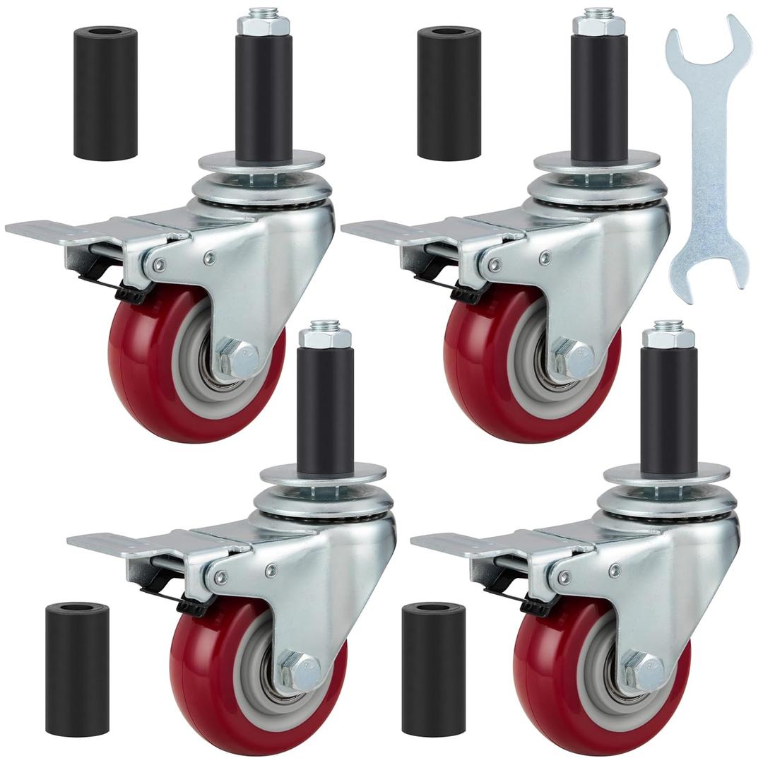 Finnhomy 3 Inch Caster Wheels for Prep Table Set of 4 Heavy Duty Swivel Expanding Stem Casters Fit 7/8" and 1" Tube Leg Industrial Locking Wheels for Stainless Steel Table/Cart/Worktable Leg, Red