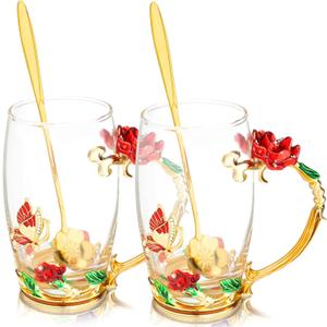 Tioncy 2 Sets Gifts for Mom Birthday Gifts for Mom Women Enamel Flower Glass Tea Cup with Spoon Enamel Glass Coffee Mugs for Wife Sister Grandma, Mother's Day Graduation Retire Gifts(Red)