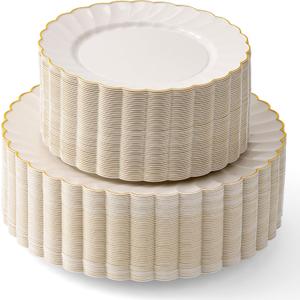 By Madee HEAVYWEIGHT 100 Pc Ivory Scalloped Plastic Plates with Gold Trim | Elegant Disposable Dinnerware Set | Perfect as Wedding Plates, Baby & Bridal Shower or Nice Special Moments (50 Guests)