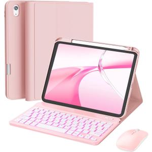 for iPad 11th (A16, 2025) / 10th Generation Case with Keyboard, Mouse and Detachable Wireless Keyboard, 7-Color Backlight, Slim Case with Pencil Holder, Pink