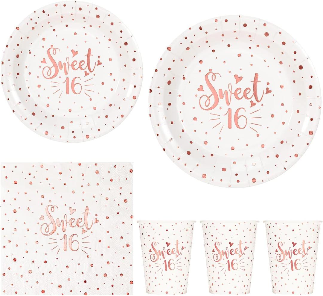 Crisky Rose Gold Sweet 16 Birthday Napkins, Plates, Cups Set - 24 Disposable Tableware Items for 16th Birthday Party Decorations