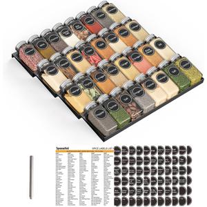 SpaceAid Spice Drawer Organizer with 32 Spice Jars, 386 Spice Labels, 4 Tier Seasoning Rack Tray Insert for Kitchen Drawers, 15" Wide x 17.5" Deep