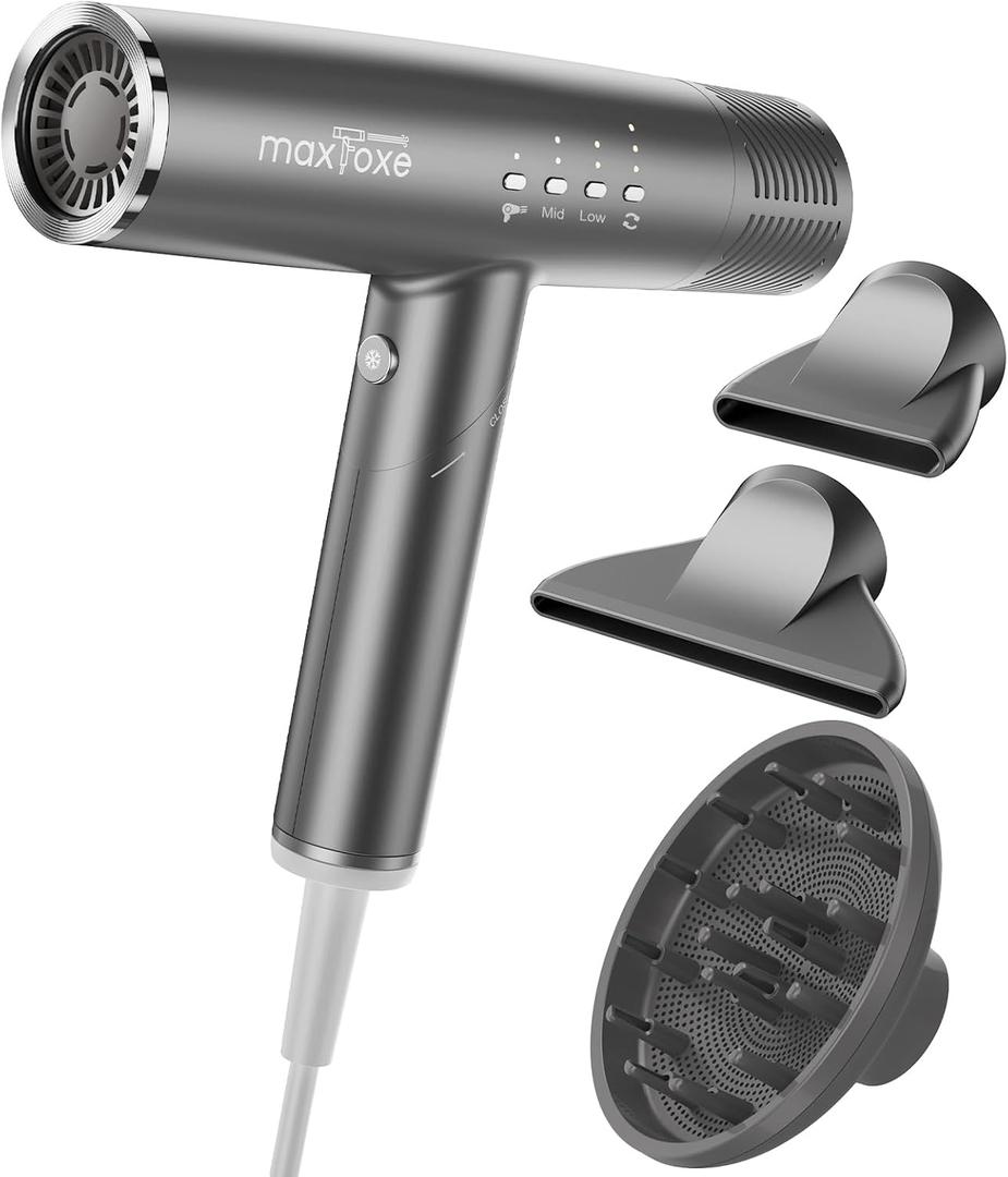 Hair Dryer, High-Speed Brushless Motor Ionic, Foldable and Portable 9Modes One Touch Switch with 1Diffuser, 1Nozzle and 1Concentrator Attachment for Home, Travel, Grey (Gray2)