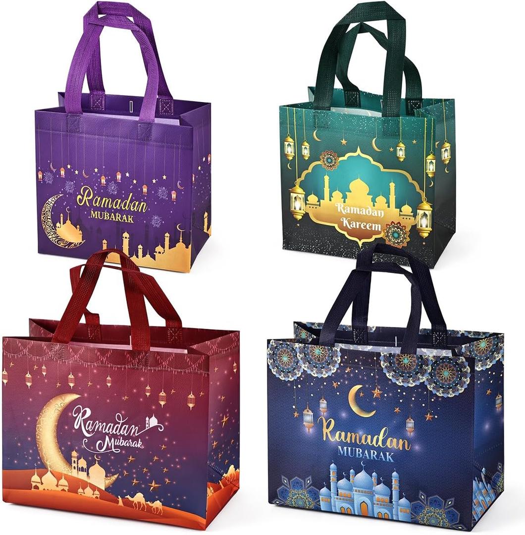 4PCS Ramadan Mubarak Reusable Gift Bags, Assorted Sizes Treat Bags with Handles, Ramadan Mubarak Party Bags, Multifunctional Non-Woven Ramadan Bags for Gifts Wrapping, Ramadan Kareem Party Supplies