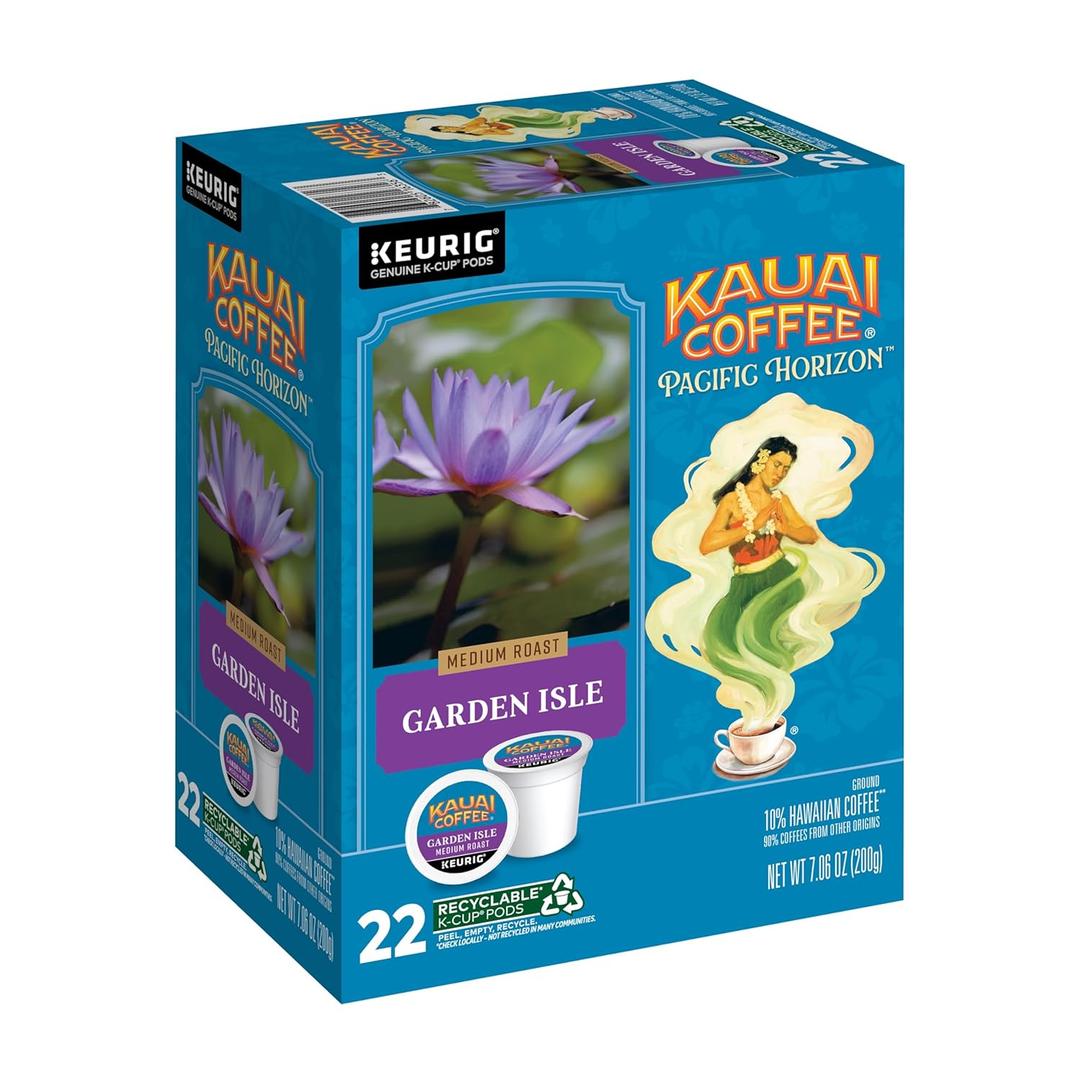 Kauai Coffee K-Cup Pods for Keurig Brewers  Arabica Coffee, 10% Hawaiian  Medium Roast, Bright Aroma With Light Floral Notes  Garden Isle, 1 Pack of 22 Single Serve K-Cups