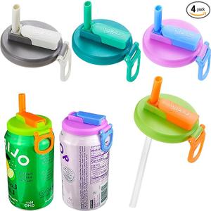 4-pack Soda Can Lids with straw, Soda Can Covers with Silicone straw BPA-Free Reusable For Fits standard For Canned Beverage, Beer, Juice,Seltzer. (Gray)