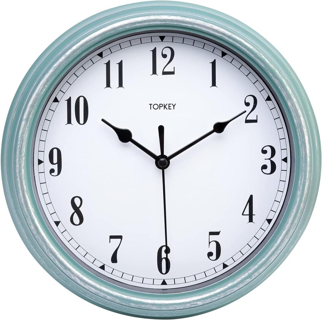 Topkey Silent Antiqued Finish Wall Clock Kitchen 9 Inch Retro Non-ticking Decorative Bedroom Office Wall Clock-Green