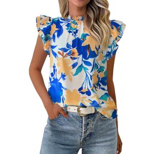 PRETTYGARDEN Women's Ruffle Short Sleeve Summer Tops 2026 Trendy Floral Trim Neck Casual Dressy Chiffon Boho Blouses Shirts (XXL)