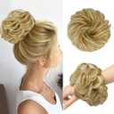 FESHFEN Messy Bun Hair Pieces - Large Wavy Curly Elastic Hair Bun Scrunchies Ponytail Extensions Synthetic Chignon Hairpieces for Women, Lightest Ash Brown & Bleach Blonde 1.94oz
