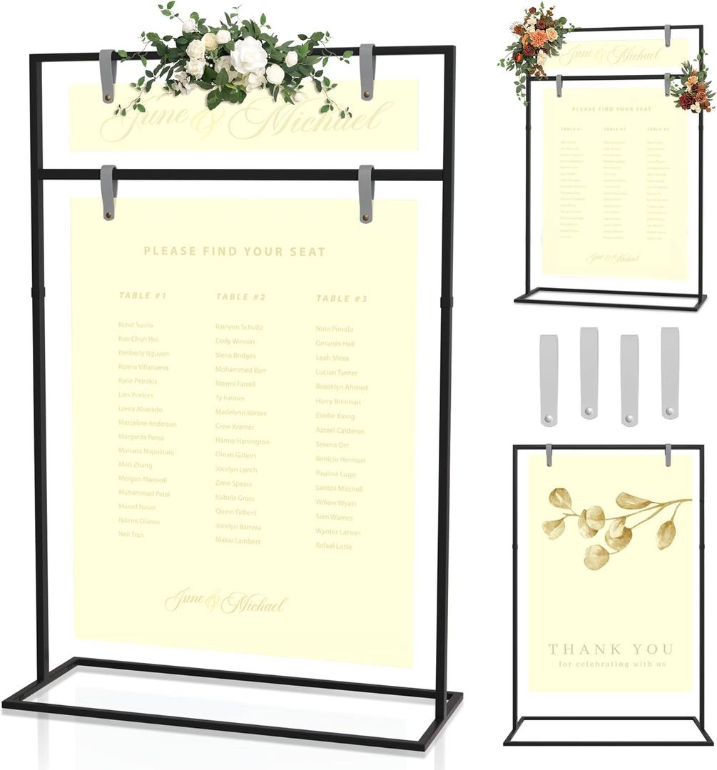 Welcome Sign Stand - Metal Poster Holder Stand with Adjustable Bar & Leather Straps - Floor Easel Stand for Sign Photo Display, 2Tier Standing Easel Wedding Sign Holder for Baby Showers & More