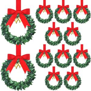 Syhood 12 Pieces 6" Christmas Kitchen Cabinet Wreaths with Ribbon Gold Bells Mini Christmas Wreath Small for Kitchen Window Front Door Xmas Holiday Indoor Home Decor(Red, Silk)