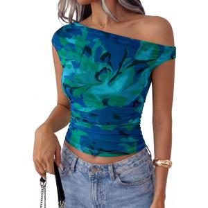 PRETTYGARDEN Women's Off Shoulder Tops 2026 Summer Going Out Crop Tank Tops Asymmetrical Floral Mesh Tight Y2K Shirts Clothes (Blue, XL)