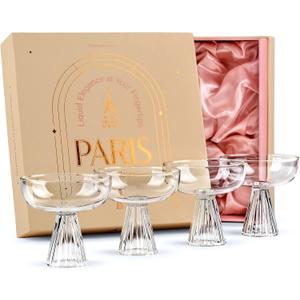 Paris Coupe Cocktail and Champagne Glasses for Daiquiri, Sidecar, Gimlet and Classic Bar Drinks | Modern Glassware Collection | Set of 4 | 8 oz Extra Light Contemporary Borosilicate Saucers
