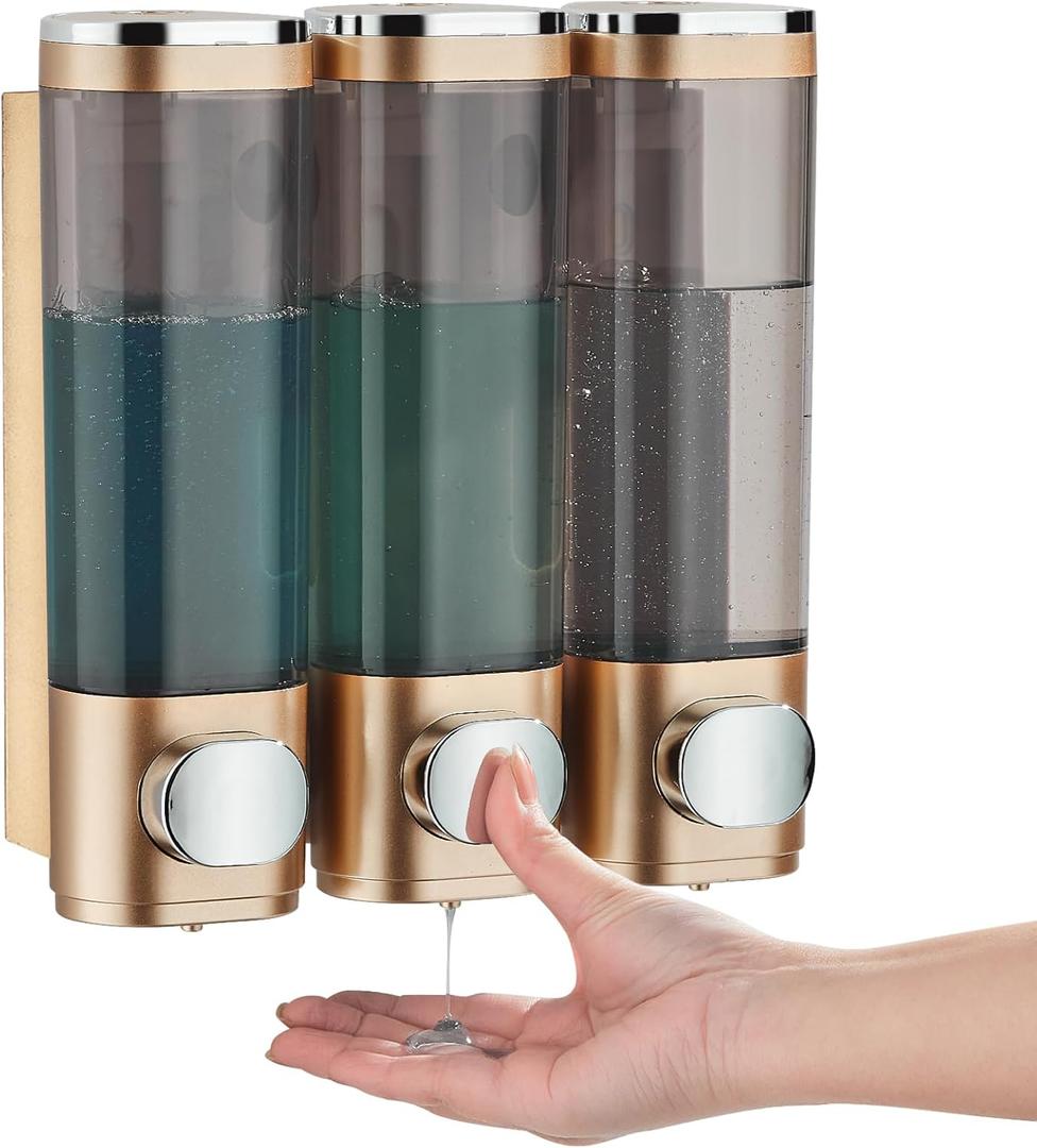 pollock Shampoo Conditioner Dispenser Shower Soap Dispenser 3 Chamber No Drill Shampoo Dispenser for Shower Wall Mounted Shampoo Conditioner Body Wash Dispenser for Bathroom Hotel Gold