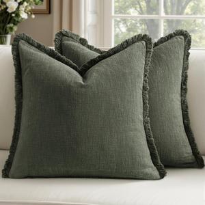 Woaboy Decorative Linen Fringe Throw Pillow Covers Boho Farmhouse Soft Accent Pillowcases with Tassels Spring Home Decor for Livingroom Couch Sofa Bed,20x20 Inch Set of 2,Dark Olive Green