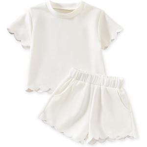 Aalizzwell 3T Girl Clothes Toddler Summer Scalloped Short Sleeve T Shirt Shorts Outfit 3-4T White
