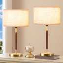 EDISHINE Mid Century Table Lamp Set of 2, Pull Chain Switch Bedside Lamp, Linen Shade, Solid Wood Pole & Bronze Brushed Metal Base, Modern Nightstand Lamp for Bedroom, Living Room, Office, E26 Base (Gold)