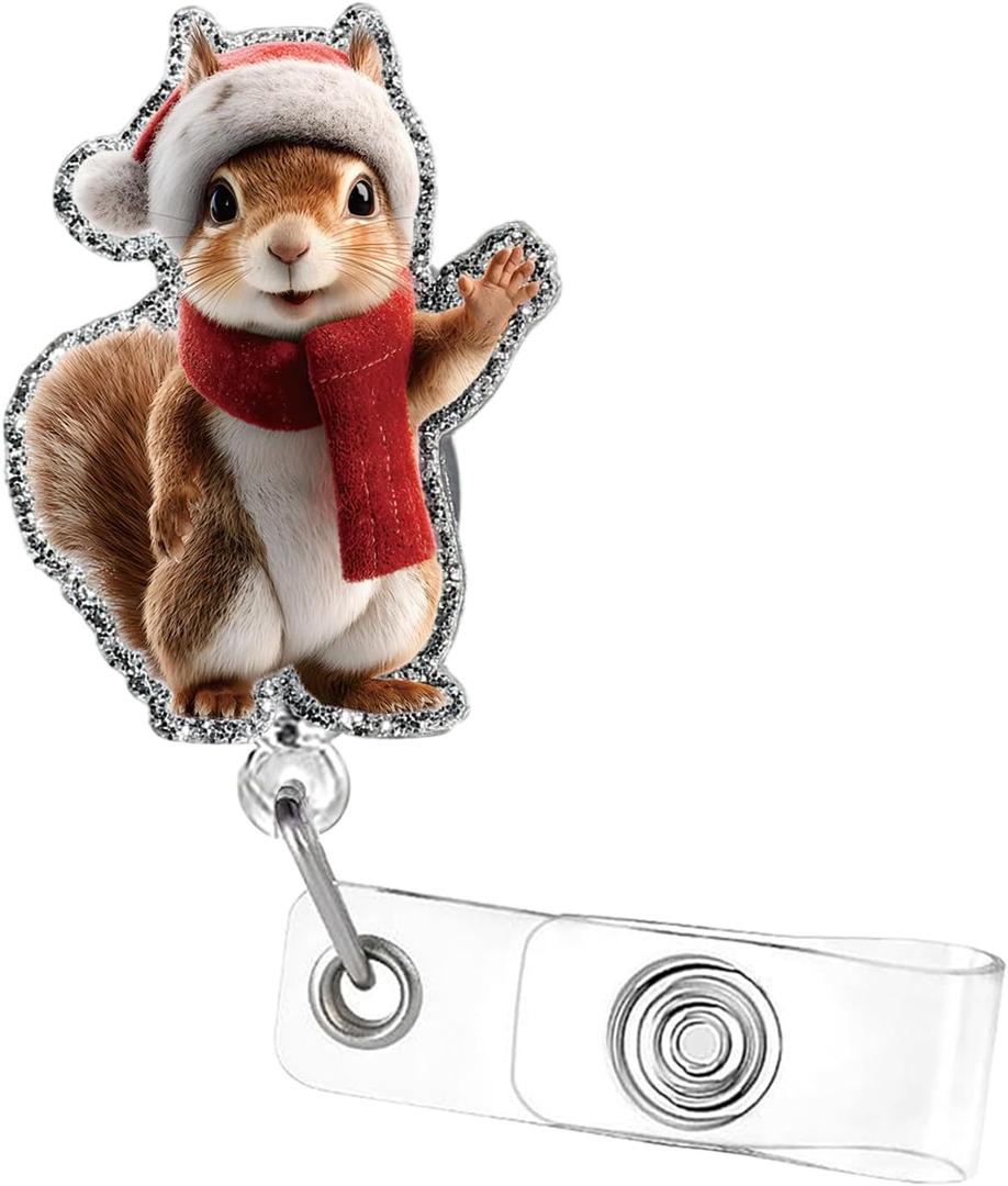 Christmas Badge Reel, Cute Squirrel Retractable Badge Holders, Funny Nurse Badge Clip, Winter Badge Reel with Alligator Clip Accessories, Badge Holder for ID Name Teacher Doctor