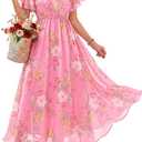 Bebonnie Formal Dresses for Women Wedding Guest: Womens Summer Wrap Neck Floral Beach Vacation Tropical Cruise Travel Hawaiian Vegas Outfits Cocktail Evening Dinner Tea Party Long Dress Multi Pink L