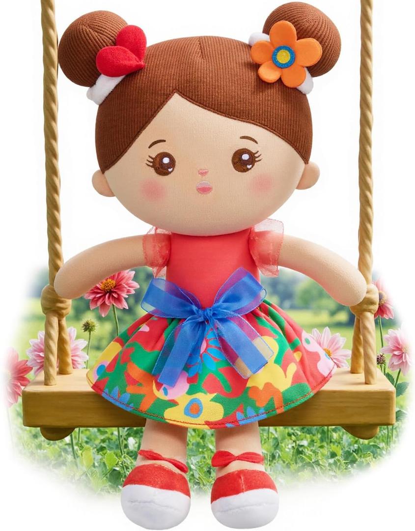 OUOZZZ 12.6" Soft Baby Doll Toys for 1 + Year Old Girl Gifts, Hispanic Doll Birthday Gifts for 1 Year Old Girl Valentine Plush Toys Gift for Toddler Kids Brown Skin (B-abby Floral)