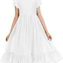 MITILLY Girls Elegant Lace Flower Crew Neck Ruffle Chiffon A-Line Flowy Birthday Party Midi Dress (6 Years, 04 White)