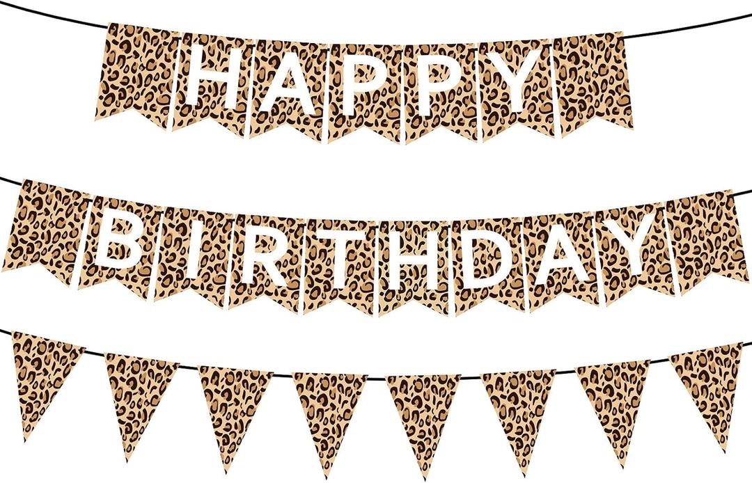 Censen Leopard Print Cheetah Design Happy Birthday Banner Pennant Banner Cheetah Birthday Decorations Leopard Party Decorations Jungle Safari Animal Print Baby Shower Theme Party Supplies