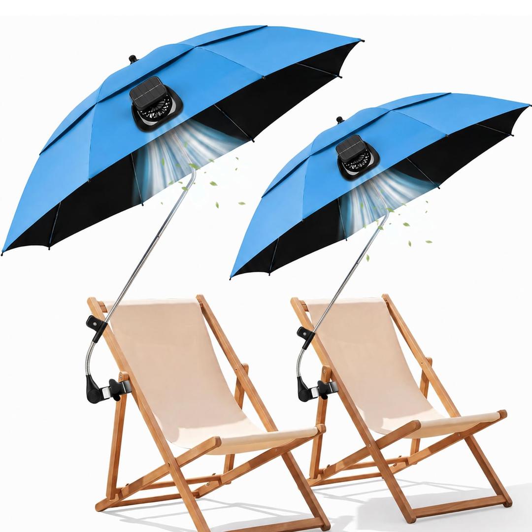 Beach Chair Umbrella with Adjustable Clamp & Solar Fan, UPF 50+
2 Pack, 48" 360° Swivel Portable Clip-on, Outdoor Shade for Beach, Pool, Camping, 10-15% Extra Shade with Ruffle Edge