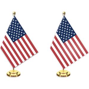 2 Pack USA American Desk Small Flag Set,58 Inch America Mini Desktop Table Banner,12" Metal Solid Pole Decor,Tiny Digital Printed Polyester Banner With Golden Base