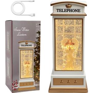 Christmas Snow Globe Lantern - Angel Scene Water Lanterns with Lights and Glitter - White Telephone Booth Decoration - USB or Battery Powered Musical Box for Adults Girls (Angel)