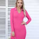 Valiamcep Women's Dress Long Sleeve V Neck Collared Ribbed Knit Bodycon Mini Pencil Dresses (Pink, XL)