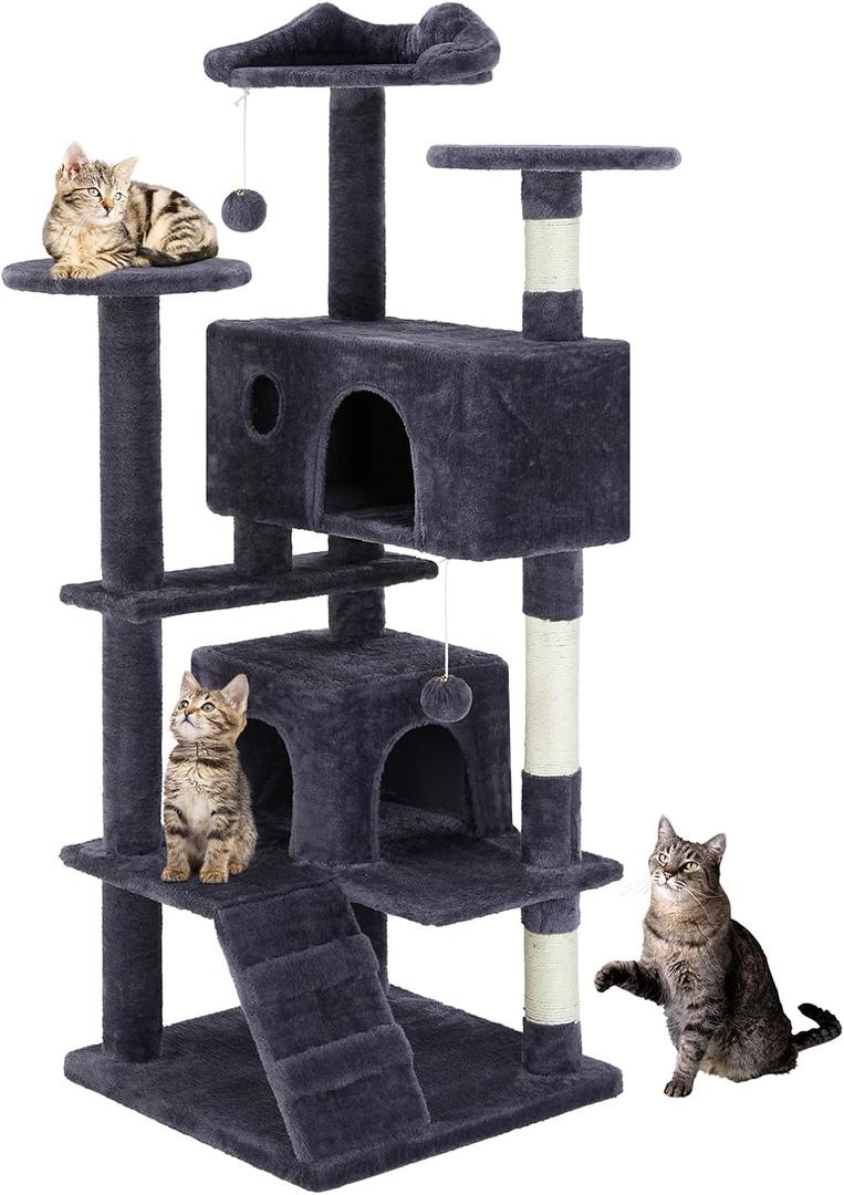 DUMOS 54-inch Indoor Cat Tree Tower Multi-Level Pet House for Large Cats with 2 Condos, Scratching Posts, Round Platform, Small Ladder, and Toys  Perfect for Cats of All Ages, Dark Grey
