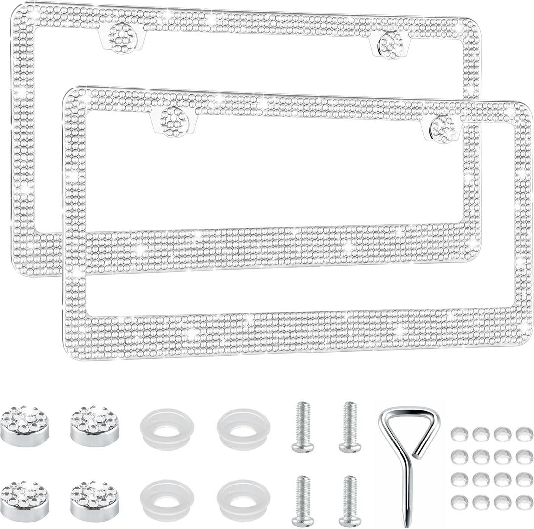 GaRhomxy Bling License Plate Frames for Women, 2 Pack Handcrafted Sparkly Rhinestone Car Accessories, Premium Stainless Steel Frame with 1000+ Faceted Glass Crystals & Free Glitter Caps (White)