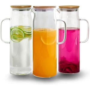 50oz Glass Pitcher with Lid, Glass Water Carafe with Handle, Fridge Water Jug Cold or Hot Beverages, Iced Tea, Milk, Juice (set of 3)