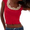 Women Y2K Lace Trim Crop Top Casual Short Sleeve Square Neck Ruffle Hem Baby Tee Cute Solid Color Slim Fit Shirt (Small, Red)