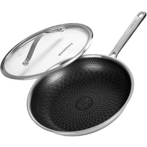 Non Stick Frying Pan 12 Inch with Lid, Hybrid Nonstick Stainless Steel Skillet Pan with Stay-cooling Handle, PFOA Free Non Toxic Dishwash & Oven Safe, Induction Ready, All Cooktops